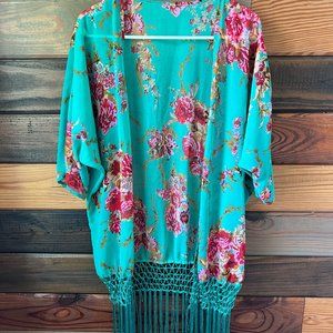 Teal with Flowers Flowy Open Cardigan One Size